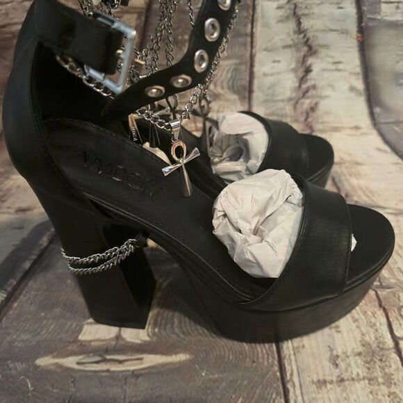 Widow Goth, Emo, Black Faux Leather Akhn Jewlery Platform Sandals Size 8 - Picture 2 of 6